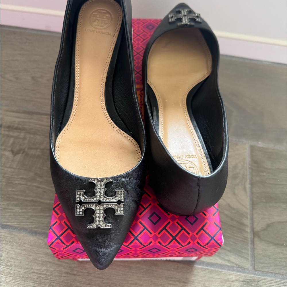 Tory Burch Crystal-Embellished Black Flats